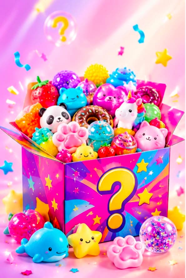 A mystery box overflowing with colourful squishy toys — panda, unicorn, donut, cat and more